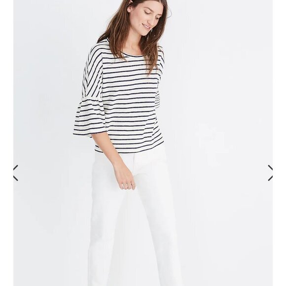 Women's M Madewell Striped Flare bell sleeve blouse Ivory Blue Ruffles - Picture 3 of 9